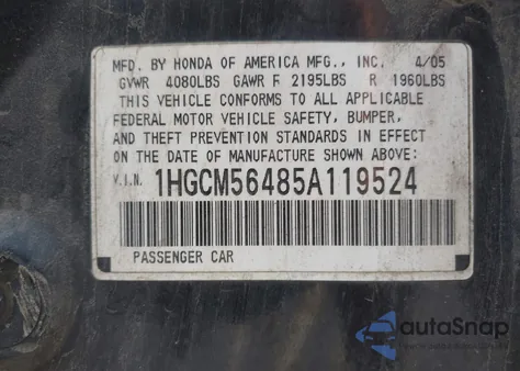 2005 Honda Accord 2.4 Lx from USA, damaged, VIN 1HGCM56485A119524